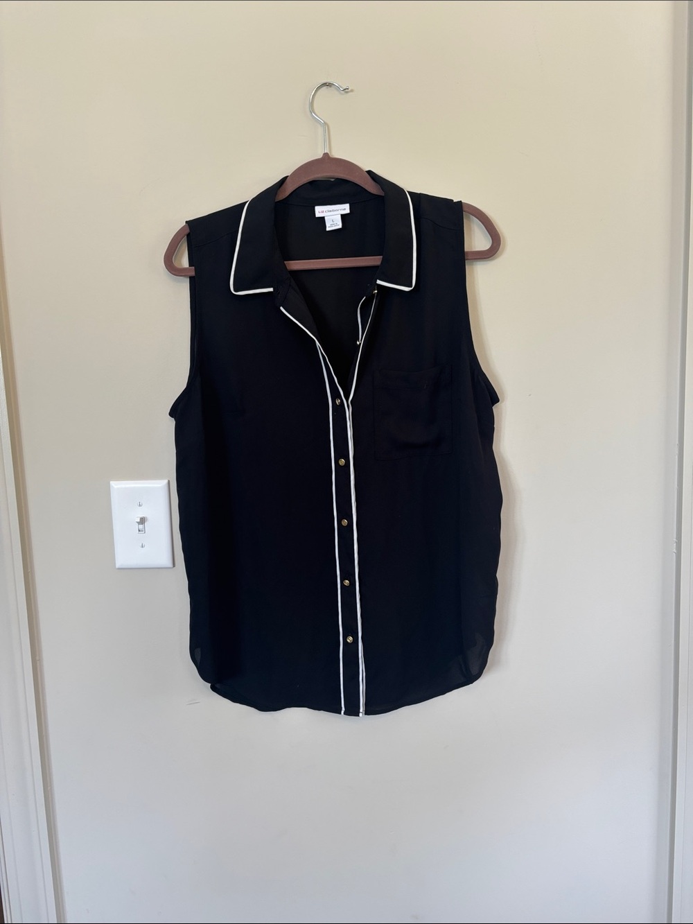Liz Claiborne Semi Sheer Black Sleeveless Button-Up Top with White Piping